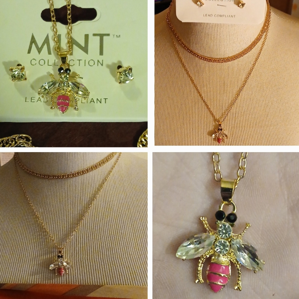 Gold Bejeweled Bee Necklace & Matching Crystal Stud Earrings Fashion Jewelry Set